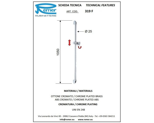 Приобрести Душевая штанга 105 см Remer 319F в магазине сантехники Santeh-Crystal.ru