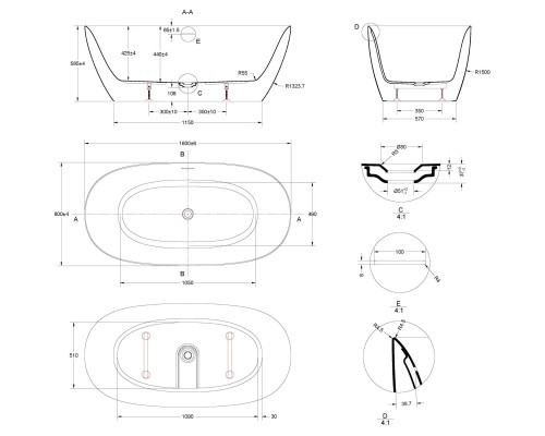Акриловая ванна Vincea VBT-708-1600 160x80 см, отдельностоящая, белый