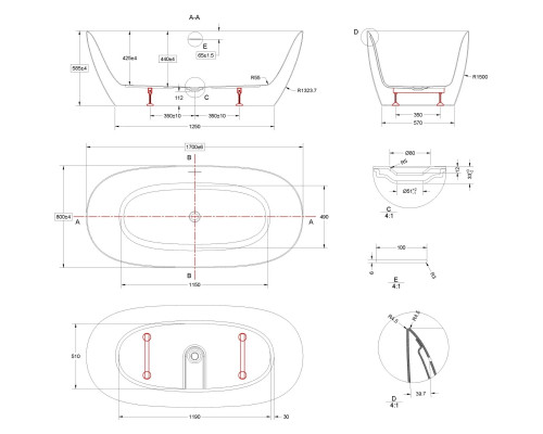 Акриловая ванна Vincea VBT-708-1700 170x80 см, отдельностоящая, белый