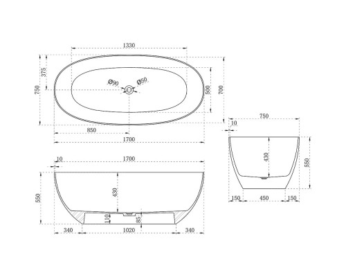 Ванна из полиэфирной смолы Vincea VBT-6T01BR 170x75 см, отдельностоящая, янтарный