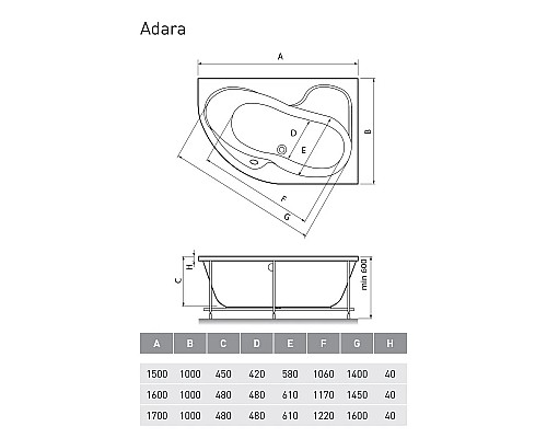 Заказать Акриловая ванна 160х100 см L Relisan Adara GL000013733 в магазине сантехники Santeh-Crystal.ru