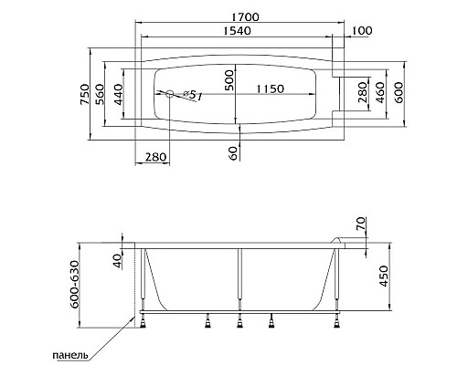 Купить Акриловая ванна 170х75 см Marka One Aelita 01ae1775 в магазине сантехники Santeh-Crystal.ru