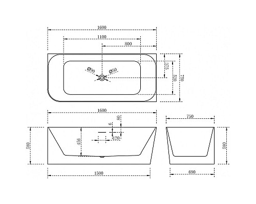 Купить Акриловая ванна 160х75 см R Abber AB9331-1.6 R в магазине сантехники Santeh-Crystal.ru