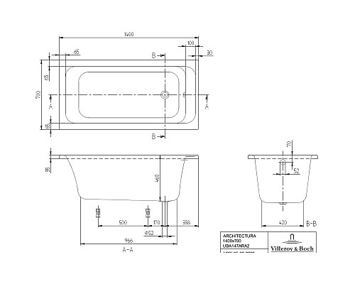 Приобрести Акриловая ванна 140х70 см Villeroy & Boch Architectura UBA147ARA2V-01 в магазине сантехники Santeh-Crystal.ru