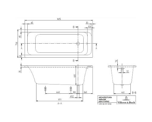 Приобрести Акриловая ванна 169,5х70 см Villeroy & Boch Architectura UBA177ARA2V-01 в магазине сантехники Santeh-Crystal.ru