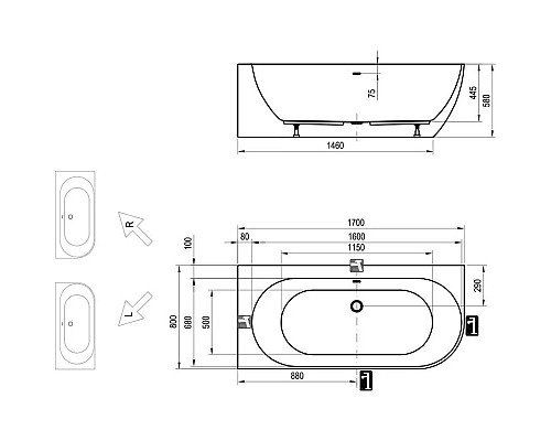 Купить Акриловая ванна 170x80 см L Ravak Freedom Corner XC00100041 в магазине сантехники Santeh-Crystal.ru