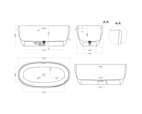 Ванна из литьевого мрамора Salini S-Stone Luce 100122MF 150x75 см, отдельностоящая, покраска по RAL матовый полностью