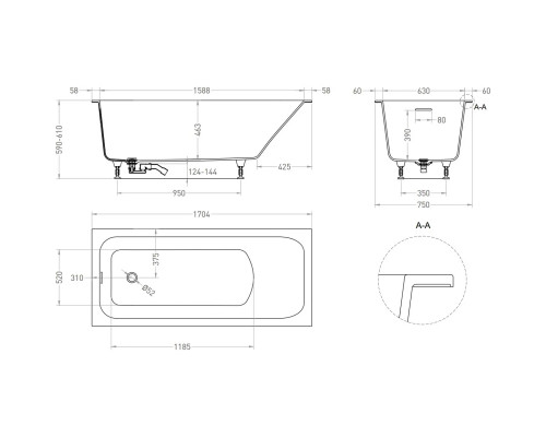 Ванна из литьевого мрамора Salini S-Sense Orlanda Kit 102117MF 170,4x75 см, покраска по RAL матовый полностью
