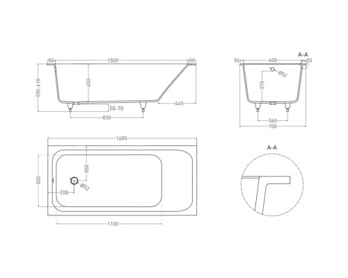 Ванна из литьевого мрамора Salini S-Sense Orlanda 102015GF 160x70 см, покраска по RAL глянец полностью