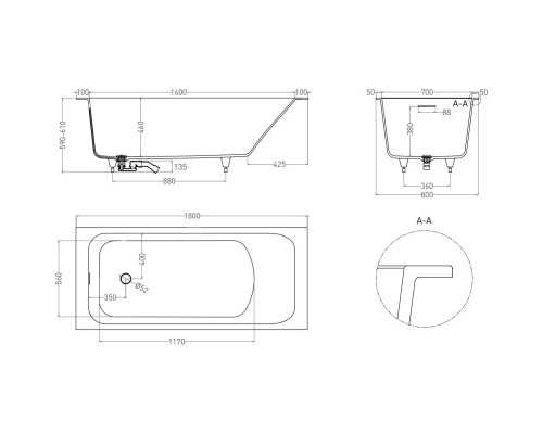 Ванна из литьевого мрамора Salini S-Sense Orlanda Kit 102112MF 180x80 см, покраска по RAL матовый полностью