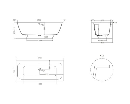 Ванна из литьевого мрамора Salini S-Sense Orlanda Axis 103211GF 191,1x80,5 см, покраска по RAL глянец полностью