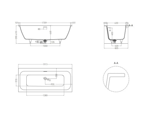 Ванна из литьевого мрамора Salini S-Sense Orlanda Axis Kit 103311MF 191,1x80,5 см, покраска по RAL матовый полностью