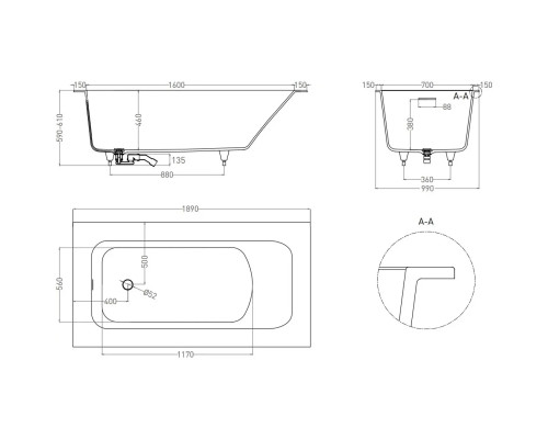 Ванна из литьевого мрамора Salini S-Sense Orlanda Kit Plus 102114MF 189x99 см, покраска по RAL матовый полностью