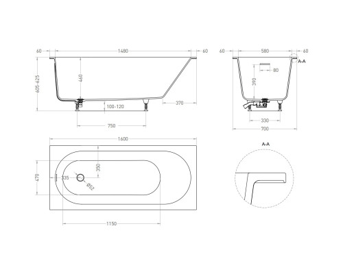 Ванна из литьевого мрамора Salini S-Sense Ornella Kit 102416MF 160x70 см, покраска по RAL матовый полностью