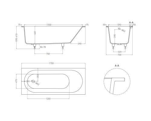 Ванна из литьевого мрамора Salini S-Stone Ornella 102323MF 170x70 см, покраска по RAL матовый полностью