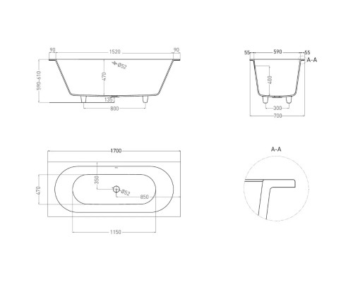 Ванна из литьевого мрамора Salini S-Stone Ornella Axis 104623MF 170x70 см, покраска по RAL матовый полностью