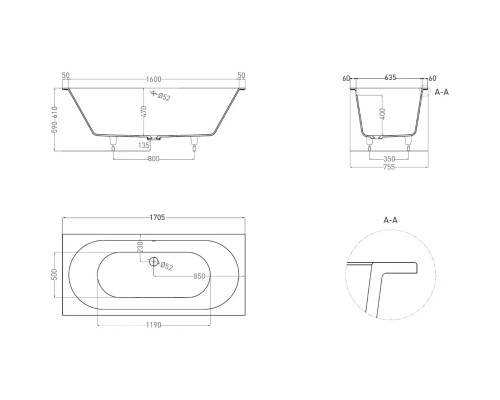 Ванна из литьевого мрамора Salini S-Stone Ornella Axis 103423MF 170,5x75,5 см, покраска по RAL матовый полностью