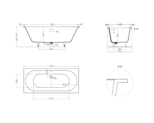Ванна из литьевого мрамора Salini S-Sense Ornella Axis Kit 103513GF 170,5x75,5 см, покраска по RAL глянец полностью