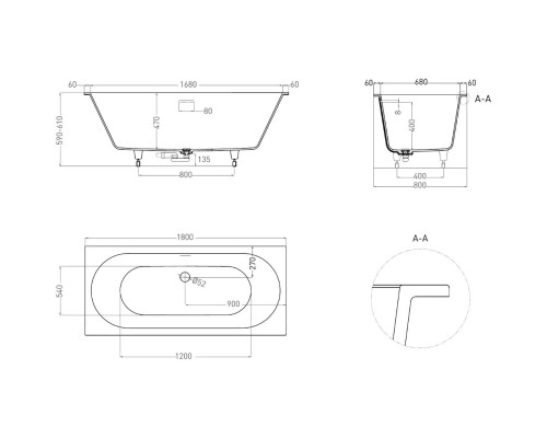 Ванна из литьевого мрамора Salini S-Sense Ornella Axis Kit 103511GF 180x80 см, покраска по RAL глянец полностью