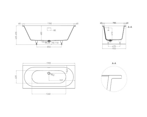 Ванна из литьевого мрамора Salini S-Stone Ornella Axis Kit 103522MF 190,5x90,5 см, покраска по RAL матовый полностью