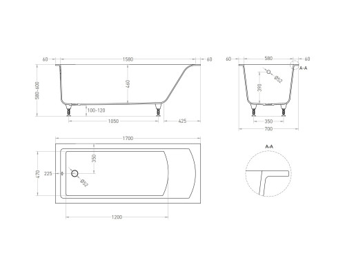 Ванна из литьевого мрамора Salini S-Sense Cascata 104413GF 170x70 см, покраска по RAL глянец полностью