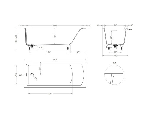Ванна из литьевого мрамора Salini S-Sense Cascata Kit 104813GF 170x70 см, покраска по RAL глянец полностью