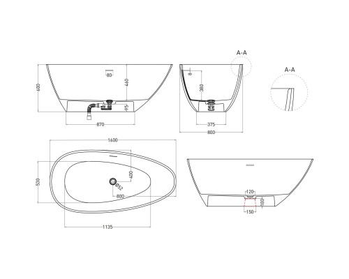 Ванна из литьевого мрамора Salini S-Sense Paola 1015103G 160x80 см, отдельностоящая, белый глянец