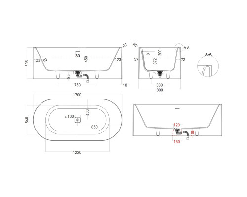 Ванна из литьевого мрамора Salini S-Sense Perla 1049101GF 170x80 см, отдельностоящая, покраска по RAL глянец полностью