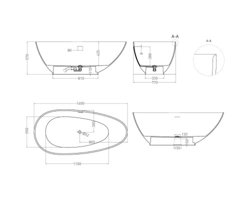 Ванна из литьевого мрамора Salini S-Stone Paola Classic 101511SMF 160x77 см, отдельностоящая, покраска по RAL матовый полностью
