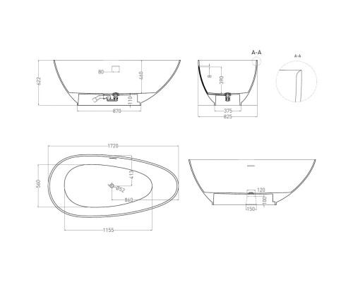 Ванна из литьевого мрамора Salini S-Stone Paola Classic 101512SMF 172x82,5 см, отдельностоящая, покраска по RAL матовый полностью
