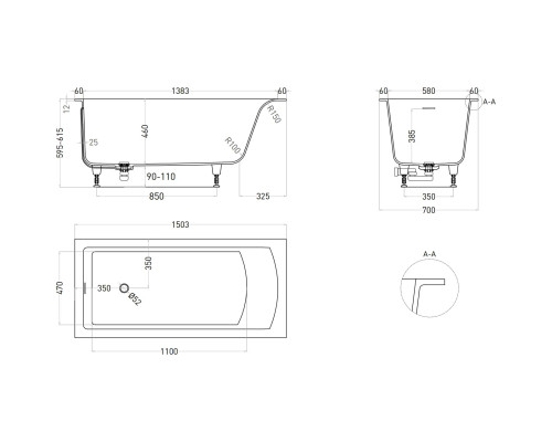 Ванна из литьевого мрамора Salini S-Sense Cascata Kit 105012G 150,3x70 см, белый глянец