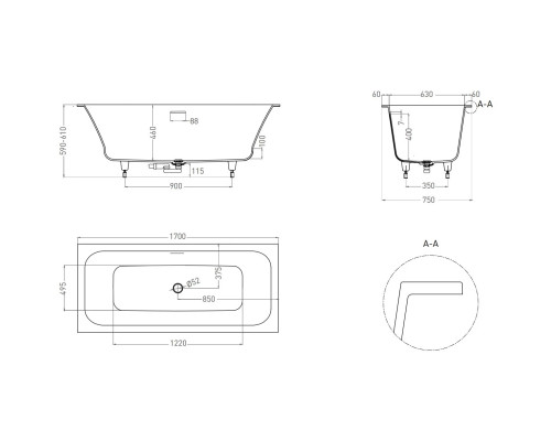 Ванна из литьевого мрамора Salini S-Stone Orlanda Axis Kit 103323M 170x75 см, белый матовый
