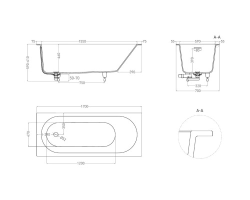 Ванна из литьевого мрамора Salini S-Sense Ornella Kit 102413M 170x70 см, белый матовый