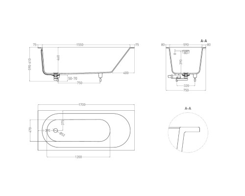 Ванна из литьевого мрамора Salini S-Sense Ornella Kit 102411G 170x75 см, белый глянец