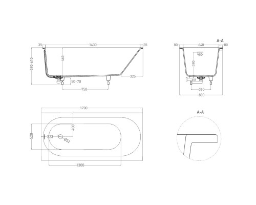 Ванна из литьевого мрамора Salini S-Sense Ornella Kit 102414M 170x80 см, белый матовый