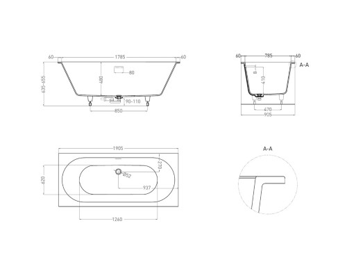 Ванна из литьевого мрамора Salini S-Stone Ornella Axis Kit 103522M 190,5x90,5 см, белый матовый