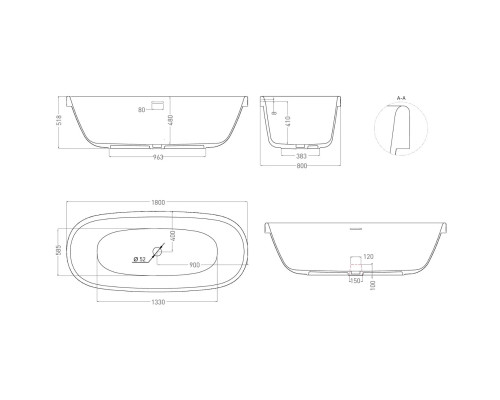 Ванна из литьевого мрамора Salini S-Stone Greca In 104821M 180x80 см, отдельностоящая, белый матовый