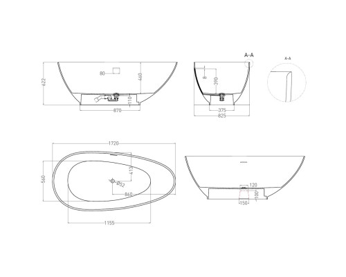 Ванна из литьевого мрамора Salini S-Stone Paola Classic 101512SM 172x82,5 см, отдельностоящая, белый матовый