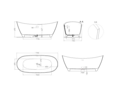 Ванна из литьевого мрамора Salini S-Stone Noemi 101722M 170,5x75,5 см, отдельностоящая, белый матовый