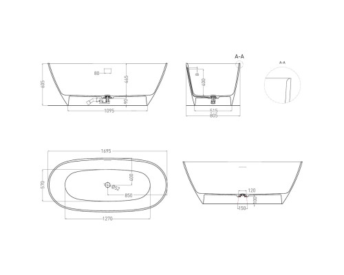 Ванна из литьевого мрамора Salini S-Stone Sofia 102526M 169,5x80,5 см, отдельностоящая, белый матовый