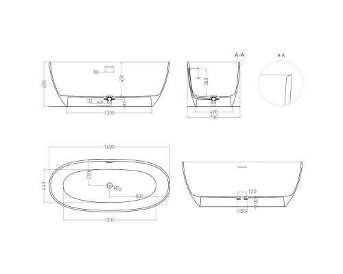 Ванна из литьевого мрамора Salini S-Stone Alda 101924M 160x70 см, отдельностоящая, белый матовый