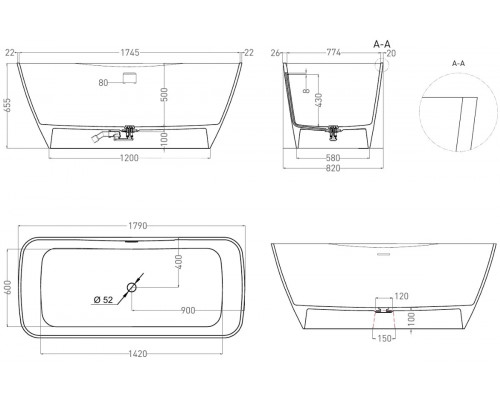 Ванна из литьевого мрамора Salini S-Stone Agatha 100221M 179x82 см, отдельностоящая, белый матовый