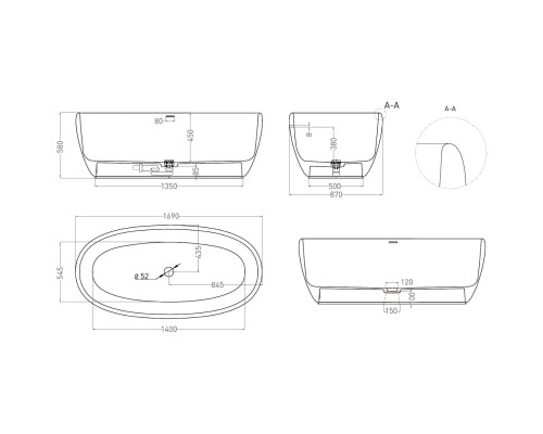 Ванна из литьевого мрамора Salini S-Stone Luce 100121M 169x87 см, отдельностоящая, белый матовый