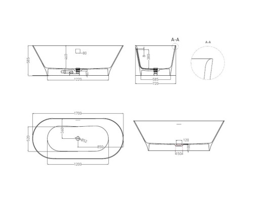 Купить Ванна из литьевого мрамора 170x72 см Salini S-Stone Mona 102922M в магазине сантехники Santeh-Crystal.ru