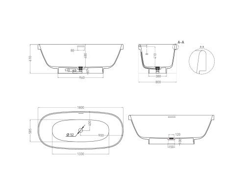Ванна из литьевого мрамора Salini S-Stone Greca 103121MF 180x80 см, отдельностоящая, покраска по RAL матовый полностью