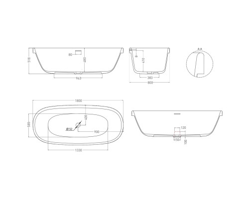 Ванна из литьевого мрамора Salini S-Stone Greca In 104821MF 180x80 см, отдельностоящая, покраска по RAL матовый полностью