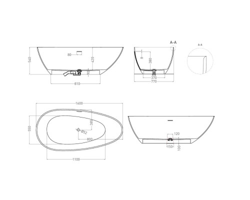 Ванна из литьевого мрамора Salini S-Stone Paola IN Classic 101611SMF 160x77 см, отдельностоящая, покраска по RAL матовый полностью