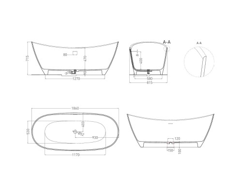 Ванна из литьевого мрамора Salini S-Sense Noemi 101811GF 186x81,5 см, отдельностоящая, покраска по RAL глянец полностью