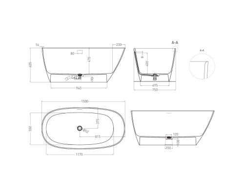 Ванна из литьевого мрамора Salini S-Sense Sofia 102518GF 150x75 см, отдельностоящая, покраска по RAL глянец полностью