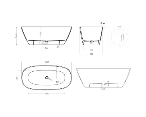 Ванна из литьевого мрамора Salini S-Sense Sofia Light 103611GF 164x76 см, отдельностоящая, покраска по RAL глянец полностью